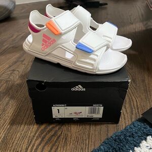 adidas Kids White Sandals with Pink, Orange & Blue Accents - size 1